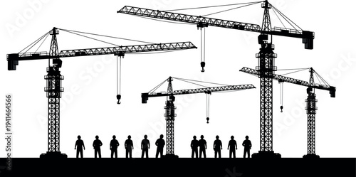 Construction tower cranes and workers silhouettes at building site, industrial development and engineering project scene with heavy lifting equipment isolated on white background
