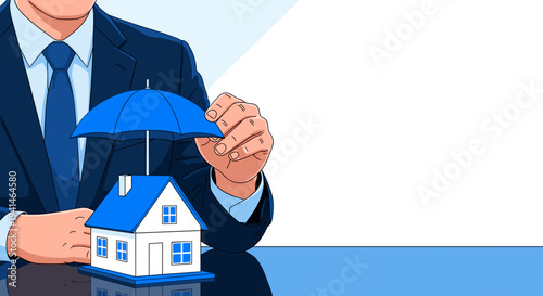 vector of a person in a suit protecting a miniature house model with a blue umbrella, representing secure home ownership and property insurance services