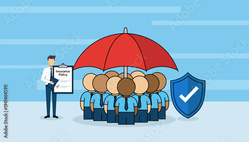 vector of a group of diverse people under a red umbrella with an insurance policy document and a shield icon, illustrating collective group protection and policy benefits