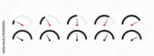 Six minimalist gauges display varying needle angles. Each dial features clean white backgrounds with thin black outlines. Red pointers indicate different levels of measurement