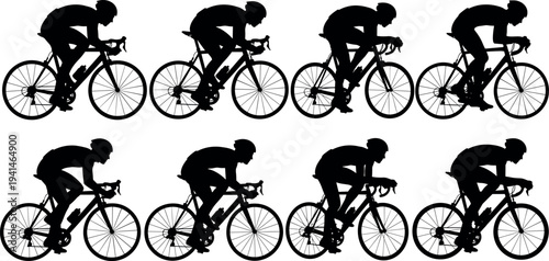 Cyclist riding road bike silhouette set showing racing bicycle athlete positions, cycling sport action collection isolated on white background for fitness, competition and outdoor activity design