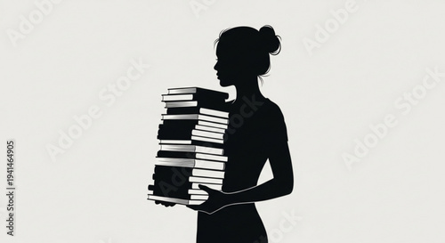 Woman carrying stack of books in confident stride