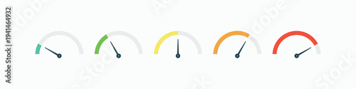 Set of five colorful speedometer gauge icons. Performance indicator vector for credit score, risk level, speed measurement, and business progress tracking in flat design style
