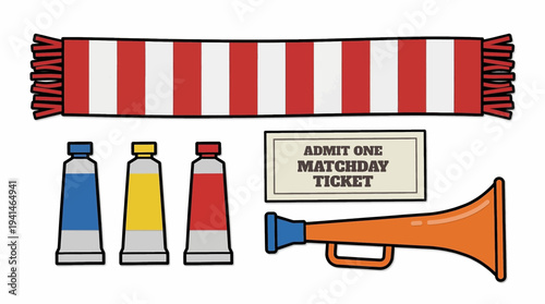 Soccer matchday fan gear set with scarf vuvuzela ticket and face paint tubes