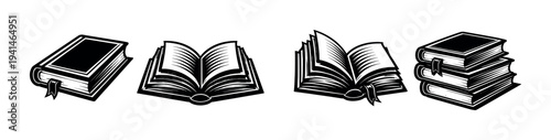 Set of open and closed books in black and white vector illustration