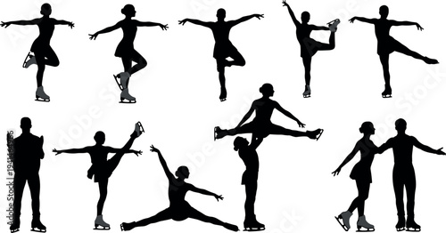 Figure skating athletes silhouettes collection with male and female ice skaters performing jumps, spins and pair skating poses, winter sport action isolated on white background