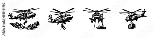 Helicopter rescue operations silhouette set vector illustration black and white