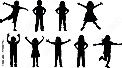 Happy children silhouettes collection showing boys and girls jumping, playing and standing in different poses, playful kids activity set isolated on white background