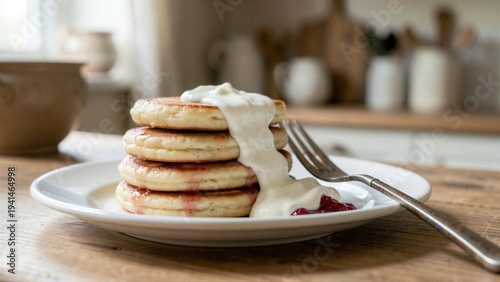 Stack of pancakes with cream and jam for a delightful breakfast