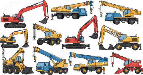 Heavy construction machinery collection including excavators, cranes, loaders and lifting trucks in different designs isolated on light background industrial equipment vector illustration set