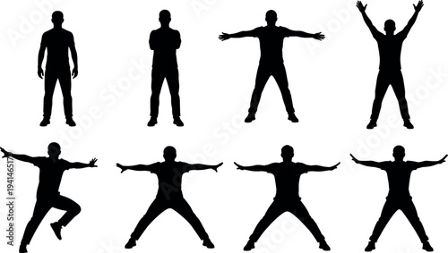 Male body silhouette poses collection showing standing, stretching and jumping positions, active man movement and fitness posture set isolated on white background