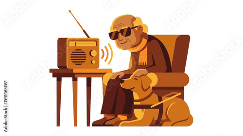 Blind elderly man with guide dog relaxing in armchair and listening to vintage radio