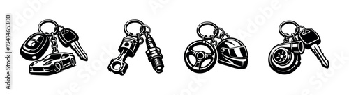 Vector silhouette of car-themed keychains with automotive elements