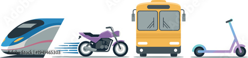 Set of modern transportation vehicles including high-speed train, motorcycle, yellow school bus, and electric scooter vector illustration