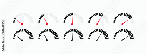 Dashboard speedometer gauge icons with segmented progress bars. Minimalist vector symbols for speed indicators, loading status, and performance tracking for UI and UX design