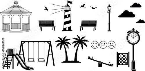 Park and outdoor recreation silhouettes collection with gazebo, lighthouse, benches, playground, palm trees, street lamp and public park elements isolated on white background