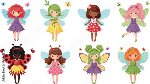 Cute fairy characters vector set with colorful wings, flowers, butterflies and magical forest girls cartoon fantasy illustration collection for kids