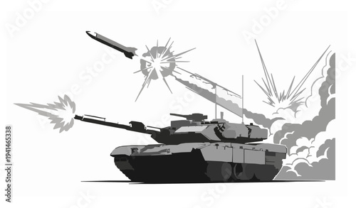 Modern battlefield tank firing cannon with missile explosion vector war illustration