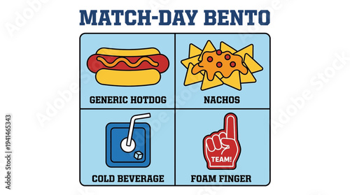 Match day bento infographic poster with stadium food hotdog nachos and foam finger