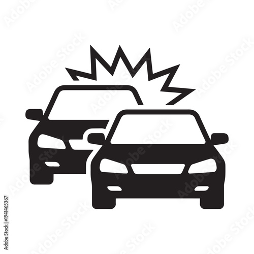 A black and white illustration depicting a vehicle collision with impact sparks