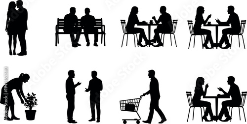 People silhouette activities collection with couples talking, friends sitting on bench, cafe conversation, shopping with cart and gardening scenes isolated on white background