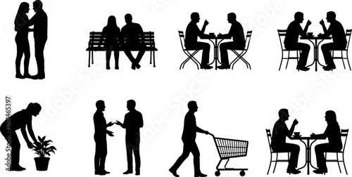 People silhouette activities set showing couples talking, friends meeting at cafe, sitting on bench, shopping with cart, gardening and conversation scenes isolate