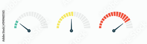 Segmented gauge meter icons with green, yellow, and red levels. Flat vector illustration for speed test, performance tracking, business rating, and infographic elements on white background