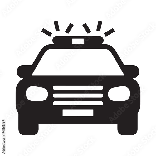 A simple black silhouette of a police car with activated emergency lights