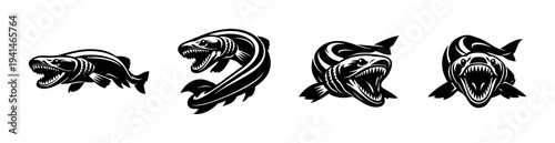 Set of four piranha silhouette illustrations, black and white vector fish design