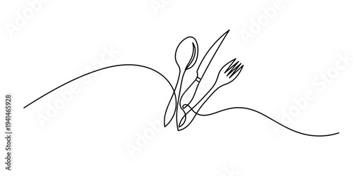 continuous line art of spoon, fork and knife. Vector illustration