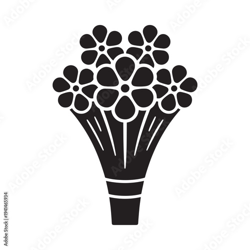 A simple black and white illustration of a bouquet of flowers in a vase