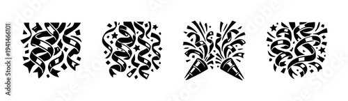 Black and white festive confetti and streamers vector set in silhouette style
