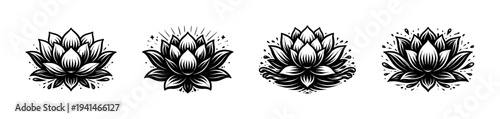 Black and white lotus flower vector set, floral decoration, botanical illustration, silhouette