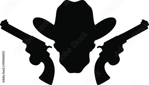 Bold black cowboy outlaw silhouette with guns isolated on white background for cinematic posters and gaming graphics