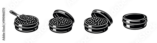 Black and white caviar tin and spoon vector illustrations silhouette set