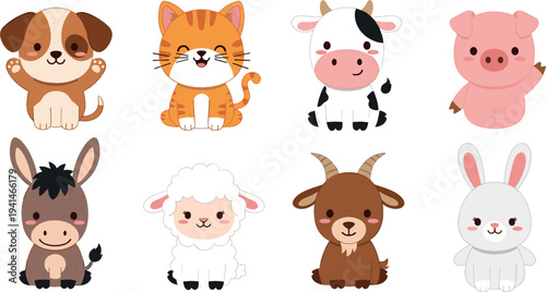 Cute farm animals vector set with dog, cat, cow, pig, donkey, sheep, goat and rabbit cartoon illustration collection