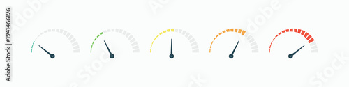 Speedometer gauge indicator set with green to red levels, performance meter dashboard icons, vector illustration isolated on light background
