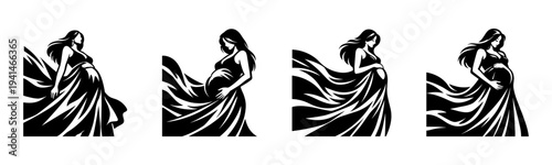 Pregnant woman silhouette set, maternity dress vector illustration, black and white