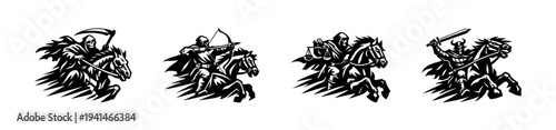 Warrior horsemen silhouette vector set with medieval themes black and white illustration