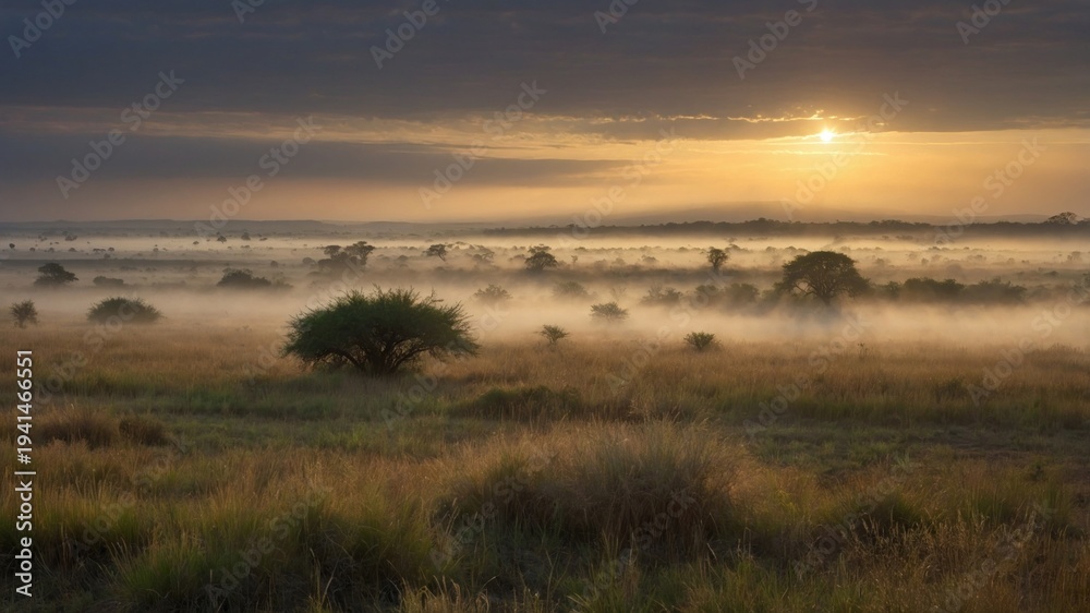 Fototapeta premium Serene sunrise over misty savannah landscape with silhouetted trees and golden horizon