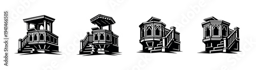 Black and white balcony silhouette set with stairs architectural vector illustration
