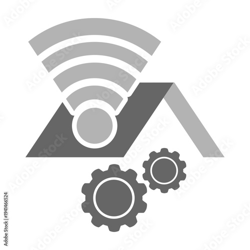 Smart home automation system icon with house roof, wireless signal, and mechanical gears for IoT technology concept.