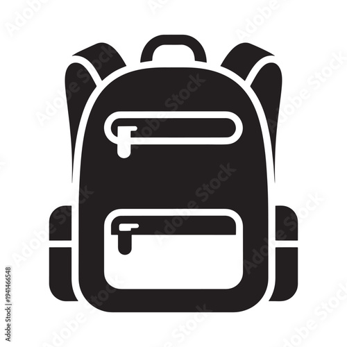 A simple black glyph illustration of a modern school backpack design