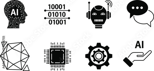 Collection of artificial intelligence technology icons featuring digital brains robot characters and data processing cad drawing flat vector illustration set