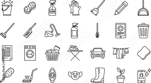 A collection of various household and cleaning icons on a white background