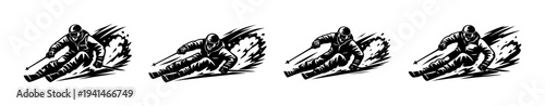Dynamic black and white skier silhouette set skiing action clipart illustration