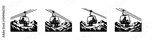 Ski lift silhouette vector set with mountain landscape black and white illustration