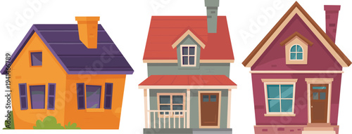 Colorful cartoon house vector illustration set featuring various residential home architectural styles with chimneys and porches for neighborhood design