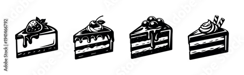 Black and white cake slice illustrations set, featuring four dessert designs with toppings