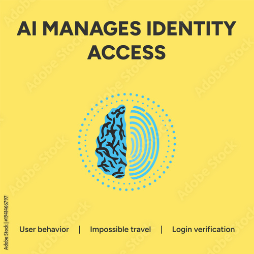 Abstract vector graphic illustration depicting artificial intelligence managing digital identity access through brain pattern analysis and biometric scanning technologies